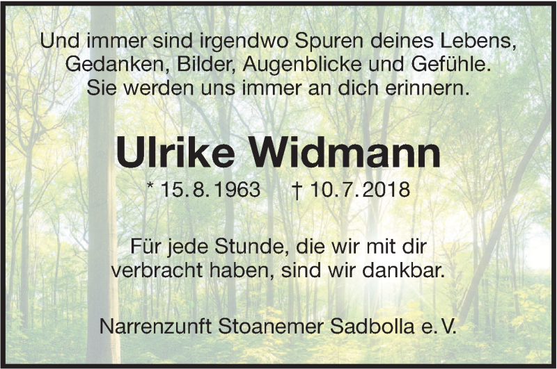  Traueranzeige für Ulrike Widmann vom 18.07.2018 aus Hohenzollerische Zeitung