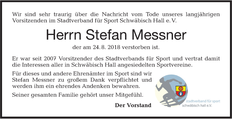 Traueranzeige für Stefan Messner vom 29.08.2018 aus Haller Tagblatt