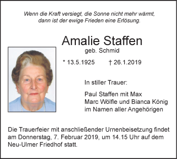 Traueranzeige von Amalie Staffen von SÜDWEST PRESSE Ausgabe Ulm/Neu-Ulm