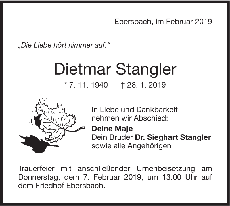  Traueranzeige für Dietmar Stangler vom 02.02.2019 aus NWZ Neue Württembergische Zeitung