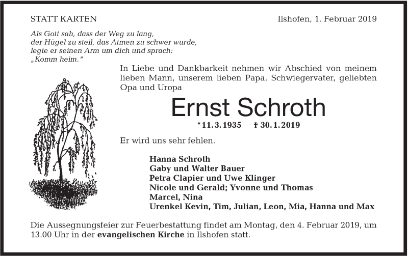  Traueranzeige für Ernst Schroth vom 01.02.2019 aus Haller Tagblatt