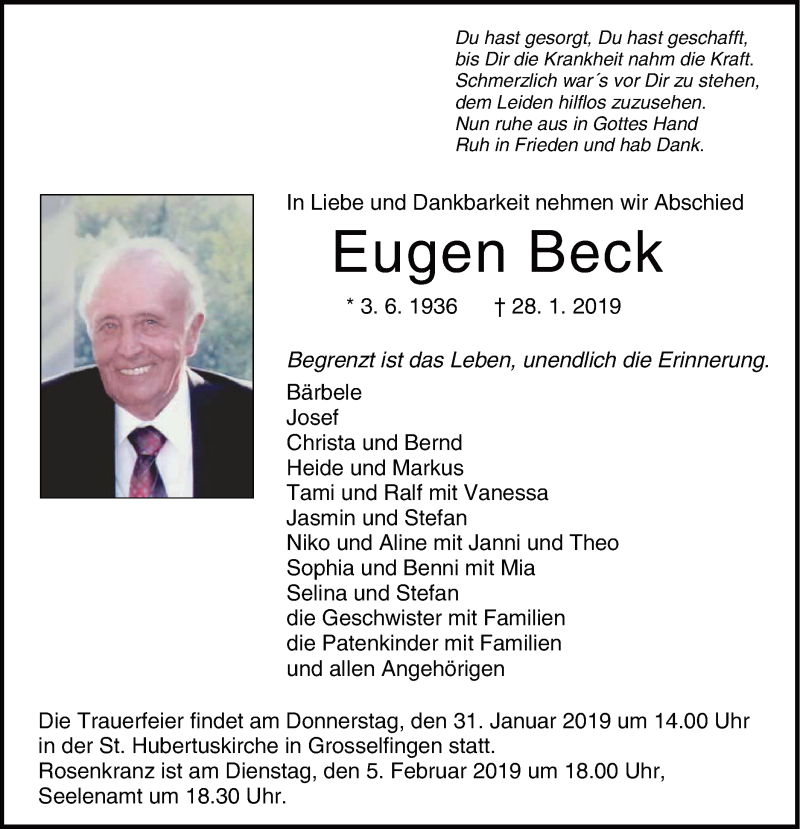  Traueranzeige für Eugen Beck vom 30.01.2019 aus Hohenzollerische Zeitung