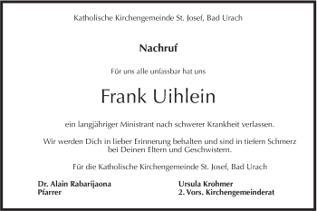 Traueranzeige von Frank Uihlein von Metzinger-Uracher Volksblatt