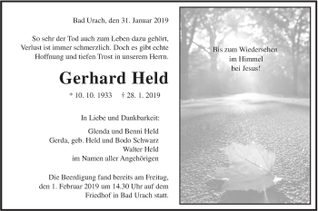 Traueranzeige von Gerhard Held von Metzinger-Uracher Volksblatt