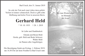 Traueranzeige von Gerhard Held von Metzinger-Uracher Volksblatt