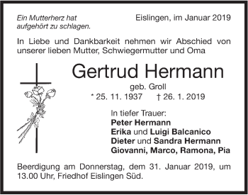 Traueranzeige von Gertrud Hermann von NWZ Neue Württembergische Zeitung
