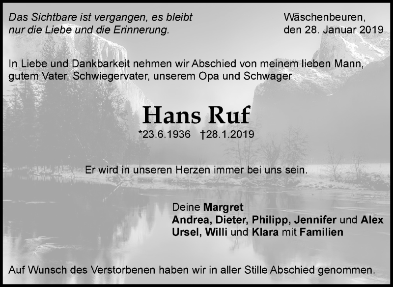  Traueranzeige für Hans Ruf vom 09.02.2019 aus NWZ Neue Württembergische Zeitung