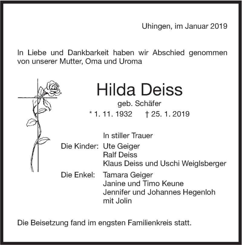  Traueranzeige für Hilda Deiss vom 02.02.2019 aus NWZ Neue Württembergische Zeitung