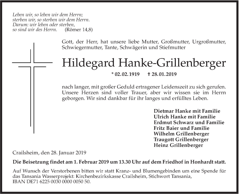  Traueranzeige für Hildegard Hanke-Grillenberger vom 31.01.2019 aus Hohenloher Tagblatt