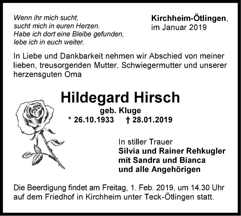 Traueranzeige für Hildegard Hirsch vom 30.01.2019 aus Metzinger-Uracher Volksblatt