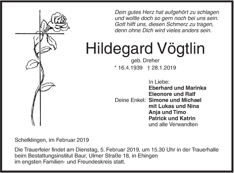 Traueranzeige für Hildegard Vögtlin vom 01.02.2019 aus Ehinger Tagblatt