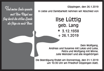 Traueranzeige von Ilse Lüttig von NWZ Neue Württembergische Zeitung