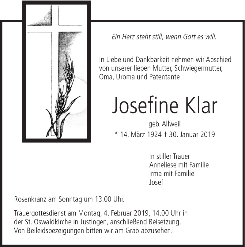  Traueranzeige für Josefine Klar vom 01.02.2019 aus Ehinger Tagblatt