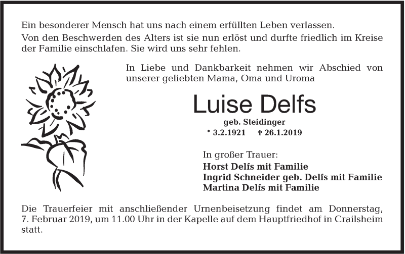  Traueranzeige für Luise Delfs vom 04.02.2019 aus Hohenloher Tagblatt
