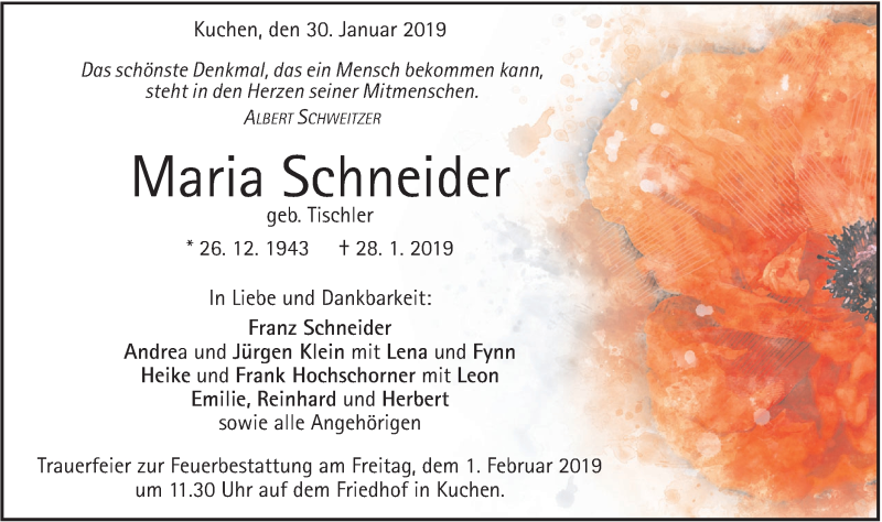  Traueranzeige für Maria Schneider vom 30.01.2019 aus Geislinger Zeitung