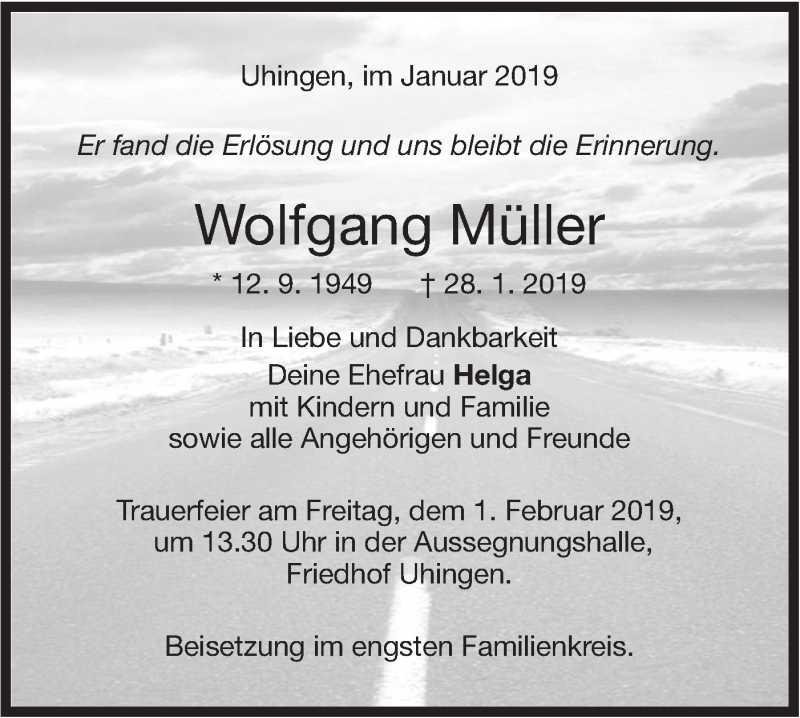  Traueranzeige für Wolfgang Müller vom 31.01.2019 aus NWZ Neue Württembergische Zeitung