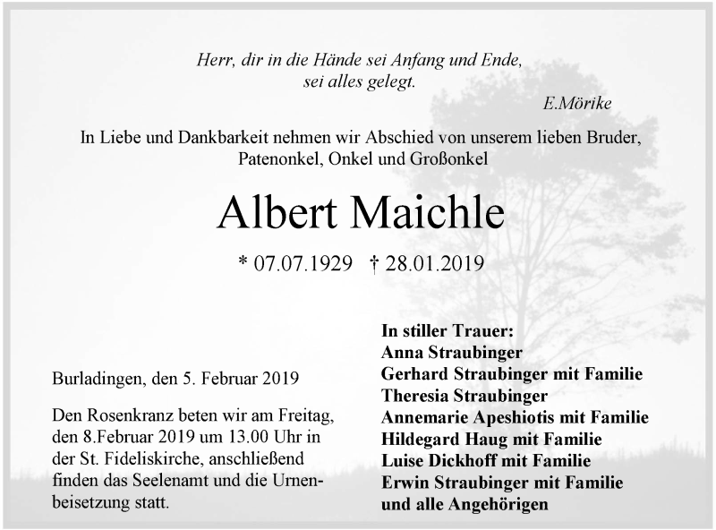  Traueranzeige für Albert Maichle vom 05.02.2019 aus Hohenzollerische Zeitung