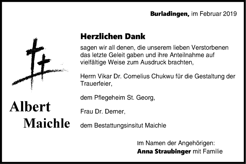  Traueranzeige für Albert Maichle vom 23.02.2019 aus Hohenzollerische Zeitung