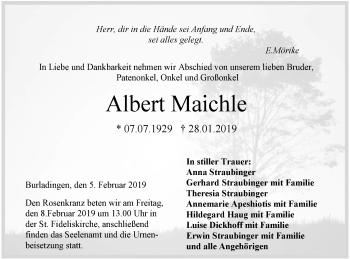 Traueranzeige von Albert Maichle von Hohenzollerische Zeitung