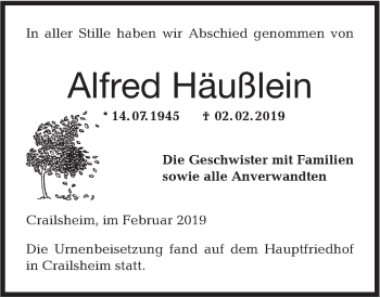 Traueranzeige von Alfred Häußlein von Hohenloher Tagblatt