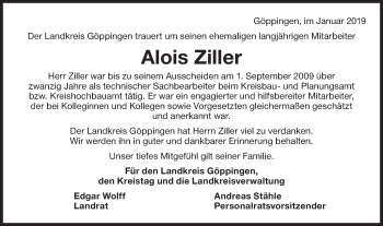 Traueranzeige von Alois Ziller von NWZ Neue Württembergische Zeitung