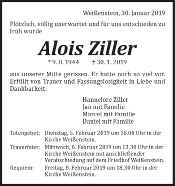 Traueranzeige von Alois Ziller von NWZ Neue Württembergische Zeitung