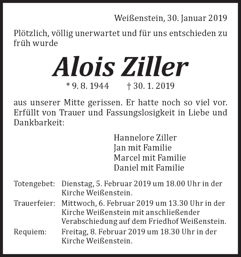  Traueranzeige für Alois Ziller vom 02.02.2019 aus NWZ Neue Württembergische Zeitung
