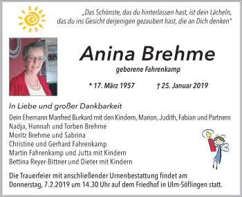 Traueranzeige von Anina Brehme von SÜDWEST PRESSE Ausgabe Ulm/Neu-Ulm