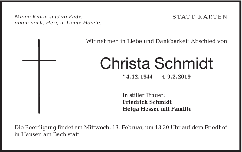  Traueranzeige für Christa Schmidt vom 12.02.2019 aus Hohenloher Tagblatt