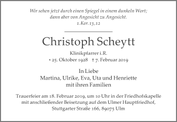 Traueranzeige von Christoph Scheytt von SÜDWEST PRESSE Ausgabe Ulm/Neu-Ulm