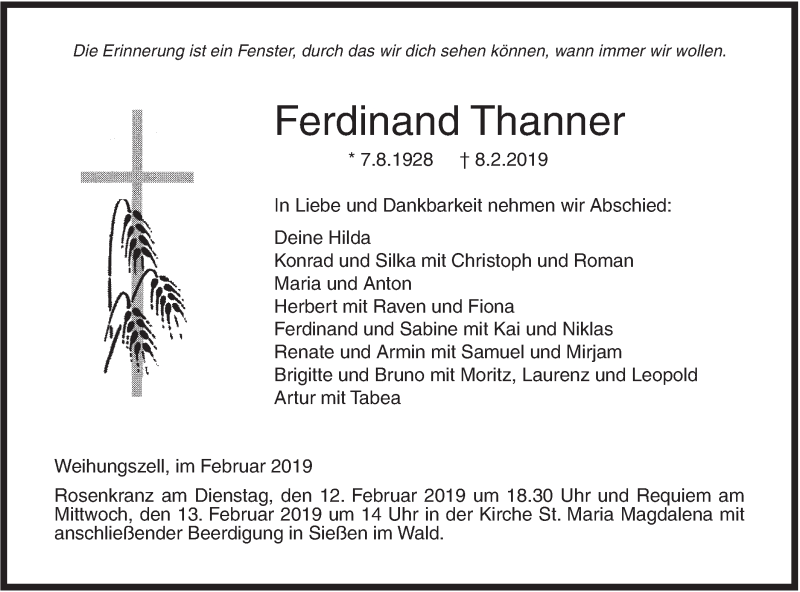  Traueranzeige für Ferdinand Thanner vom 11.02.2019 aus Illertal Bote