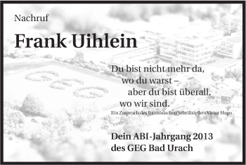 Traueranzeige von Frank Uihlein von Metzinger-Uracher Volksblatt