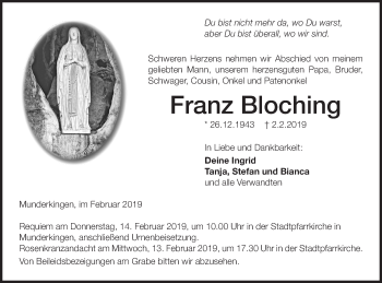 Traueranzeige von Franz Bloching von Ehinger Tagblatt