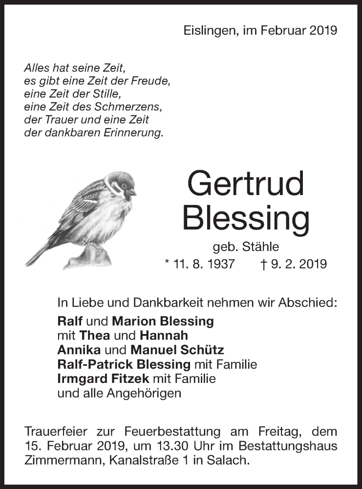  Traueranzeige für Gertrud Blessing vom 12.02.2019 aus NWZ Neue Württembergische Zeitung