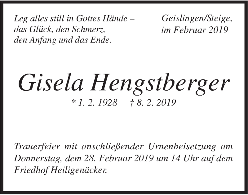 Traueranzeige für Gisela Hengstberger vom 25.02.2019 aus Geislinger Zeitung