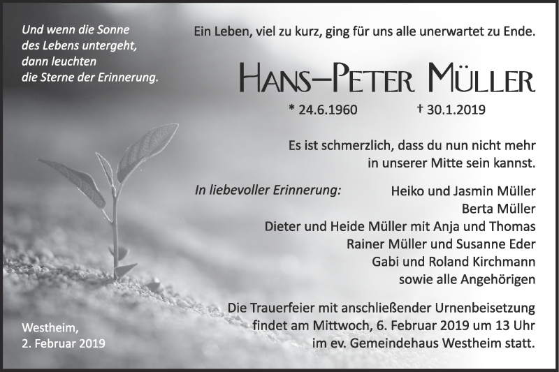  Traueranzeige für Hans-Peter Müller vom 02.02.2019 aus Haller Tagblatt