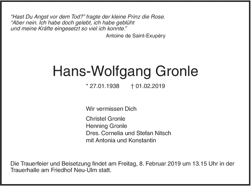 Traueranzeige für Hans-Wolfgang Gronle vom 05.02.2019 aus SÜDWEST PRESSE Ausgabe Ulm/Neu-Ulm