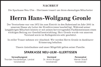 Traueranzeige von Hans-Wolfgang Gronle von SÜDWEST PRESSE Ausgabe Ulm/Neu-Ulm