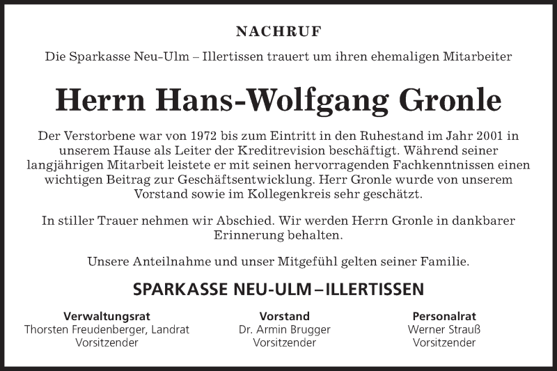  Traueranzeige für Hans-Wolfgang Gronle vom 07.02.2019 aus SÜDWEST PRESSE Ausgabe Ulm/Neu-Ulm