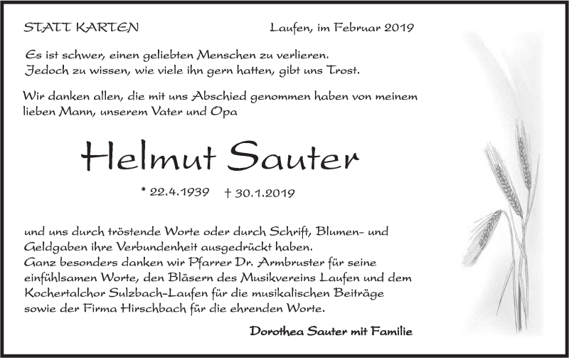  Traueranzeige für Helmut Sauter vom 23.02.2019 aus Rundschau Gaildorf