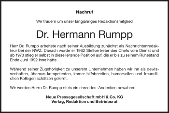 Traueranzeige von Hermann Rumpp von NWZ Neue Württembergische Zeitung