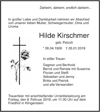 Traueranzeige von Hilde Kirschmer von SÜDWEST PRESSE Ausgabe Ulm/Neu-Ulm