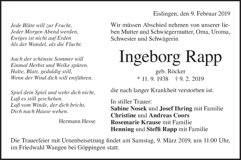  Traueranzeige für Ingeborg Rapp vom 14.02.2019 aus NWZ Neue Württembergische Zeitung
