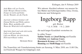 Traueranzeige von Ingeborg Rapp von NWZ Neue Württembergische Zeitung