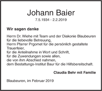 Traueranzeige von Johann Baier von SÜDWEST PRESSE