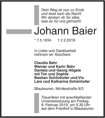 Traueranzeige von Johann Baier von SÜDWEST PRESSE Ausgabe Ulm/Neu-Ulm