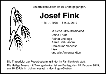 Traueranzeige von Josef Fink von Hohenzollerische Zeitung