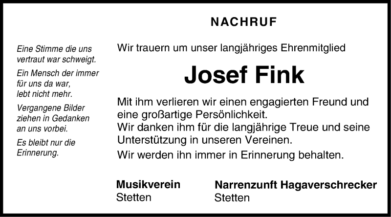  Traueranzeige für Josef Fink vom 15.02.2019 aus Hohenzollerische Zeitung