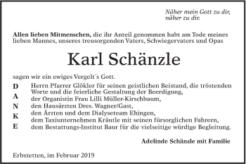 Traueranzeige von Karl Schänzle von Alb-Bote/Metzinger-Uracher Volksblatt