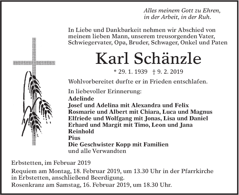  Traueranzeige für Karl Schänzle vom 14.02.2019 aus Alb-Bote/Metzinger-Uracher Volksblatt